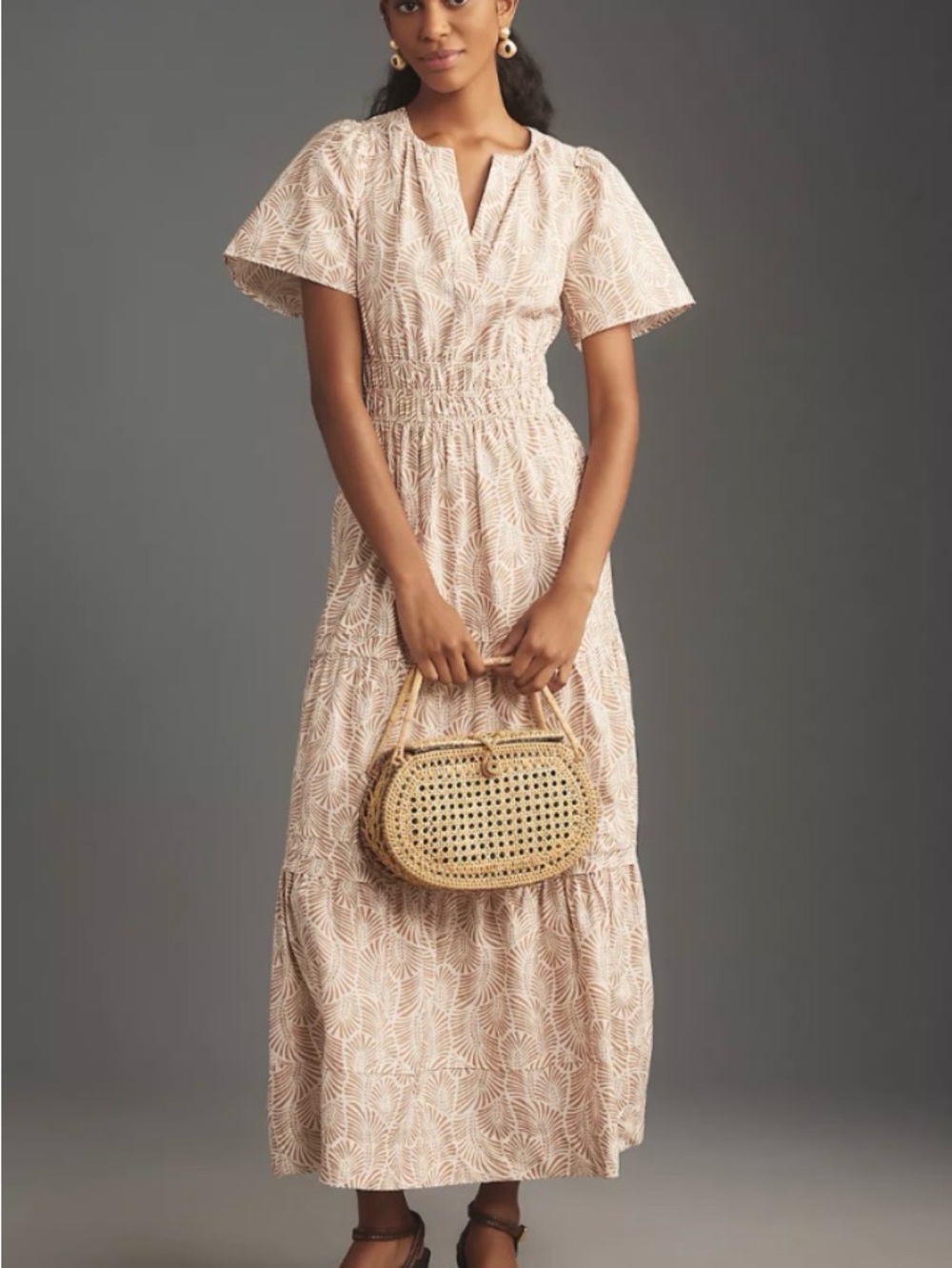 Anthropologie Somerset Maxi Dress Palm Fan Print Smocked Waist Size Small NWT